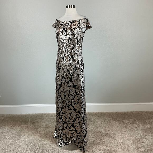 XSCAPE Sequined Off the Shoulder Evening Gown Black and Gold Size 6 Formal Dress - Picture 4 of 13